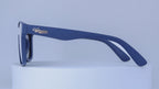 Blue sunglasses with Vybrance logo on a white background