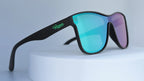 Sunglasses with black frame and multicolored lenses on a white background
